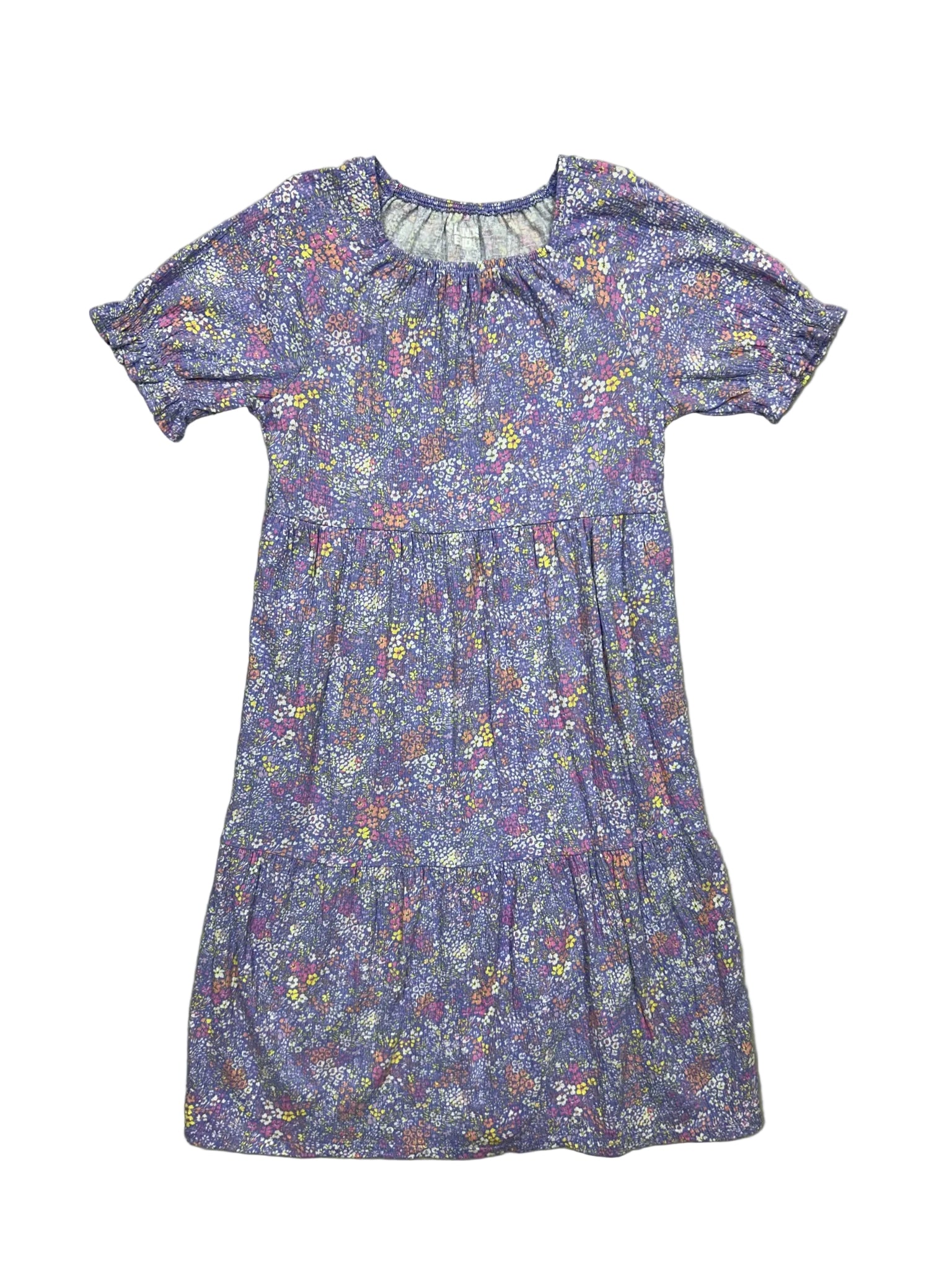 Size Large (10-12) Lands’ End Purple Floral Short-Sleeve Tiered Dress