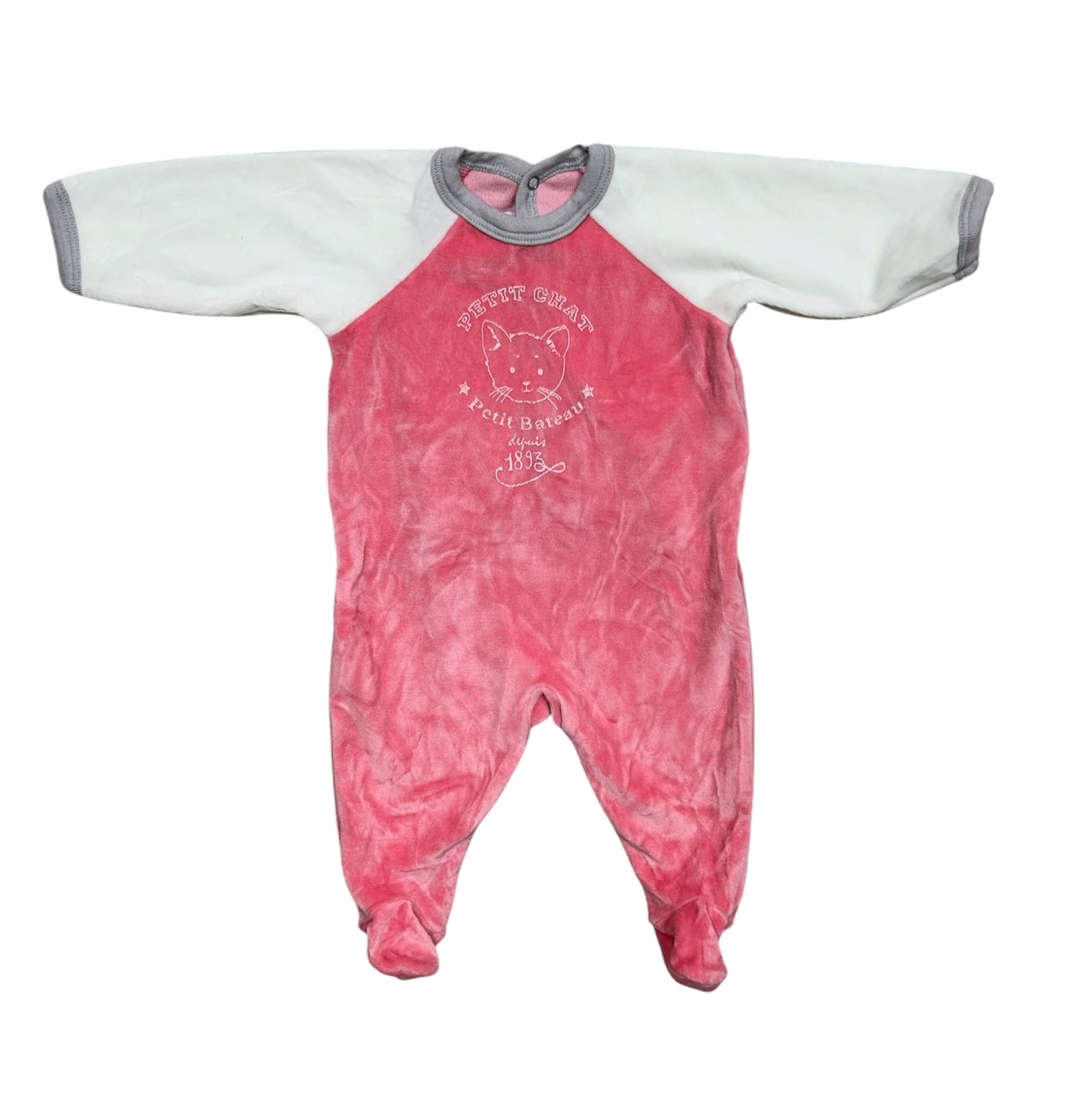 3 Months Petit Bateau Pink Back Front Snap Footie Pajamas with Cat