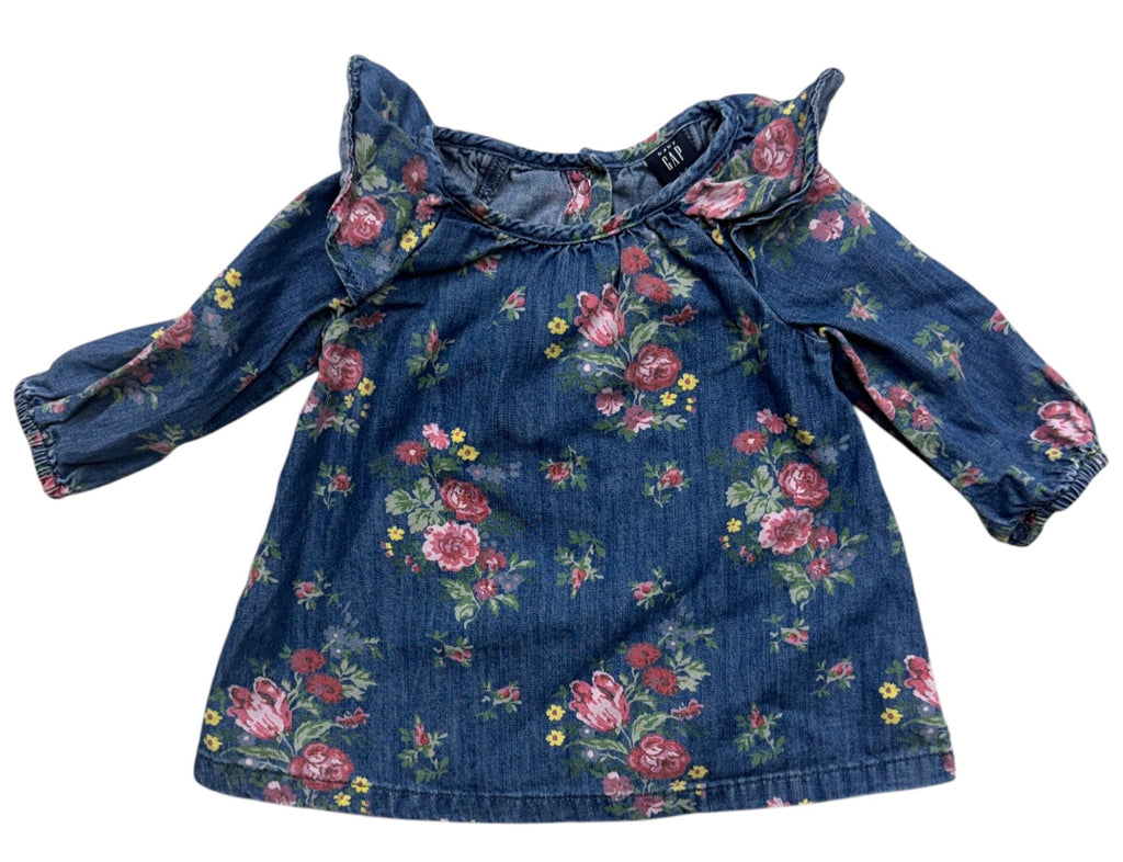 Size 3-6 Months Gap 100% Blue Lightweight Denim Long-Sleeve Dress with Flowers
