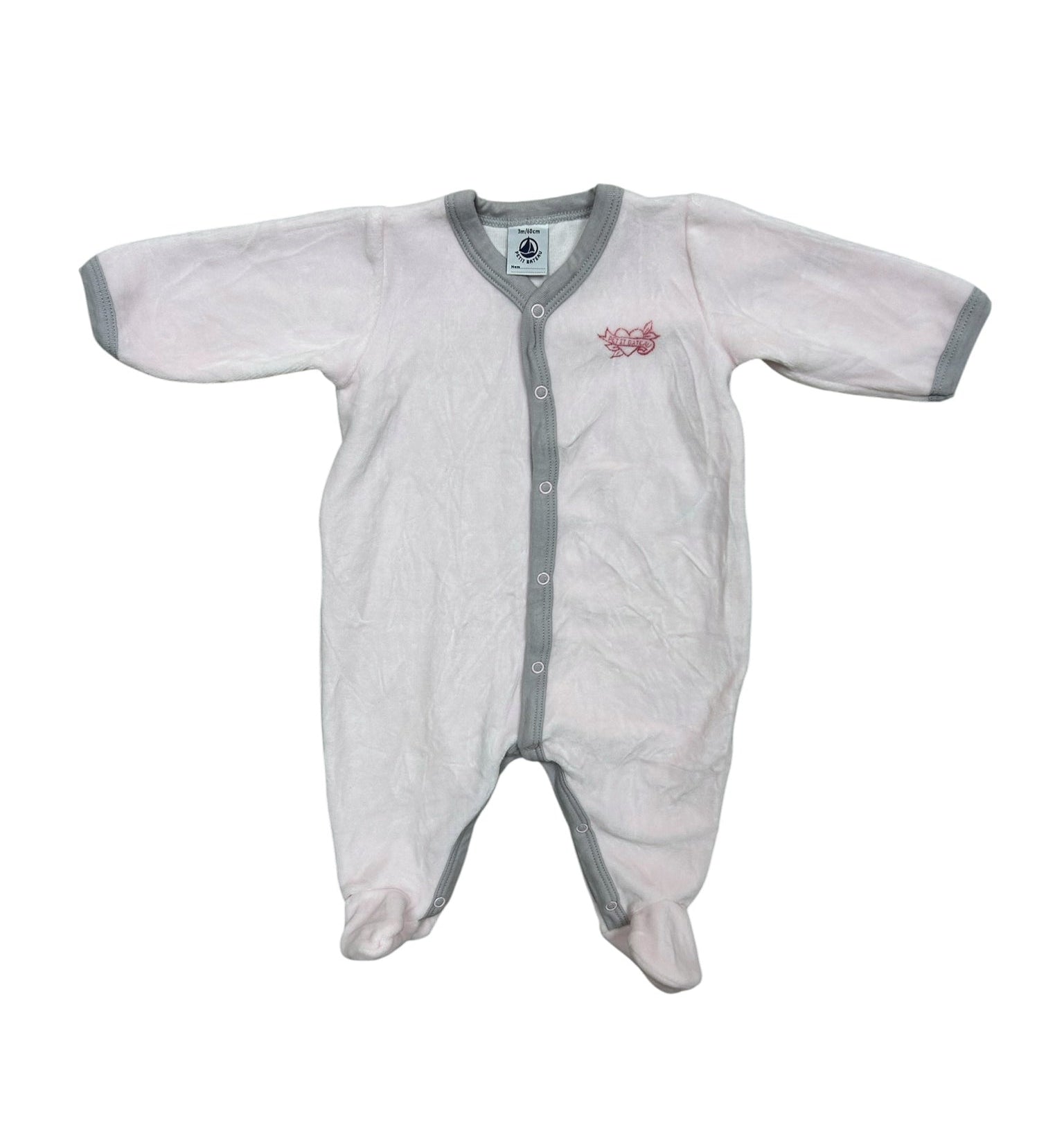 3 Months Petit Bateau Light Pink Velour Front Snap Footie Pajamas