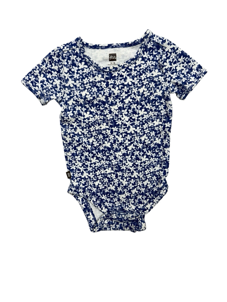 12-18 Months Tea Collection Blue and White Floral Short-Sleeve Onesie