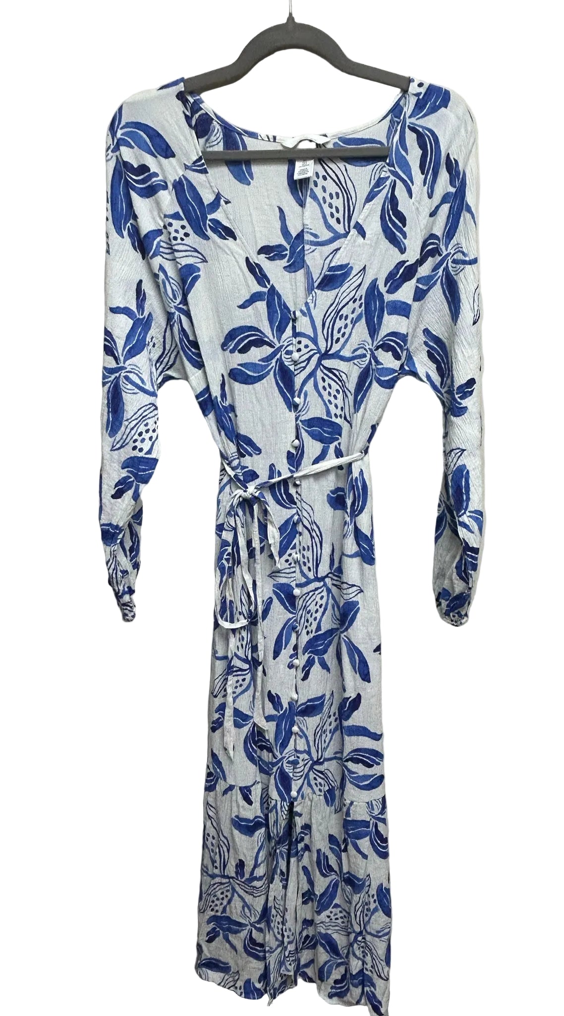 Size L H&M White and Blue Floral Maternity Long-Sleeve Dress