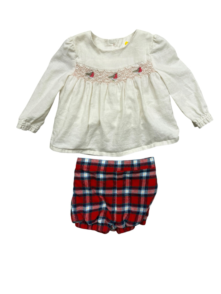 3-6 Months Boden White Shirt with Embroidered Birds and Plaid Flannel Bottoms