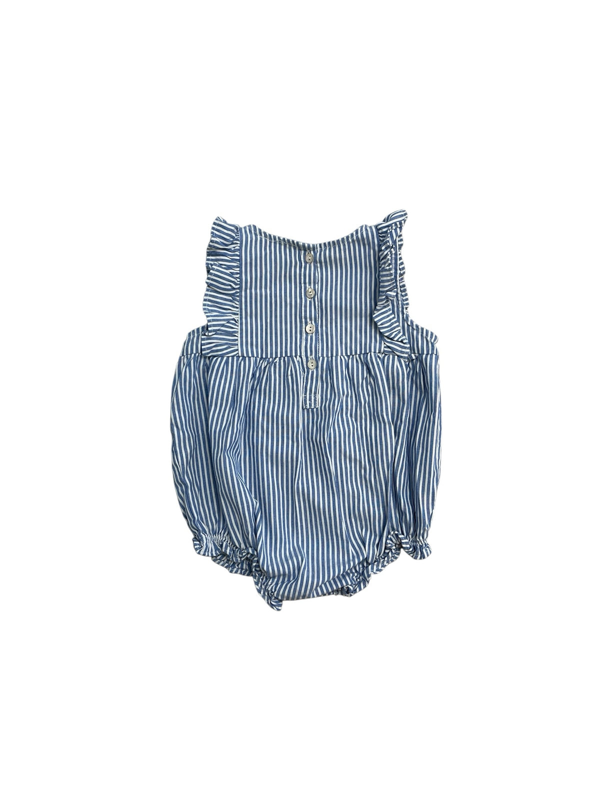 Petit Plume Blue Striped Twill Ruffled Cotton Romper Size 12-18 Months