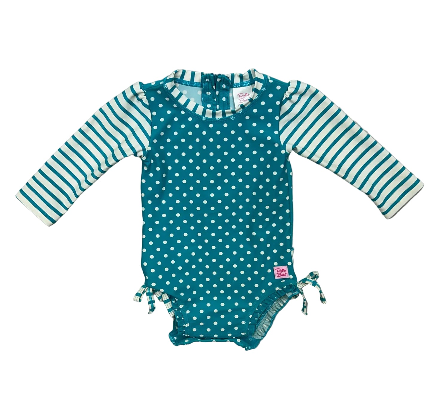 6-9 Months Ruffle Butts Teal Polka Dot Long-Sleeve One-Piece Swimsuit