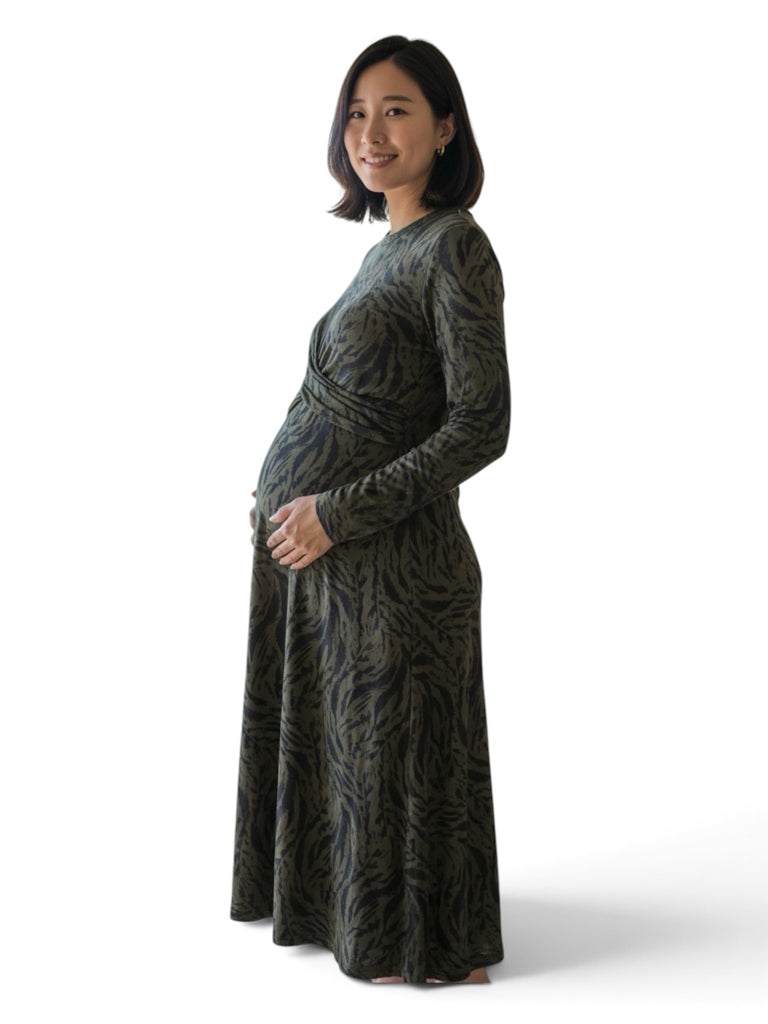 Ripe Maternity + Nursing Green Leopard Print Long-Sleeve Dress