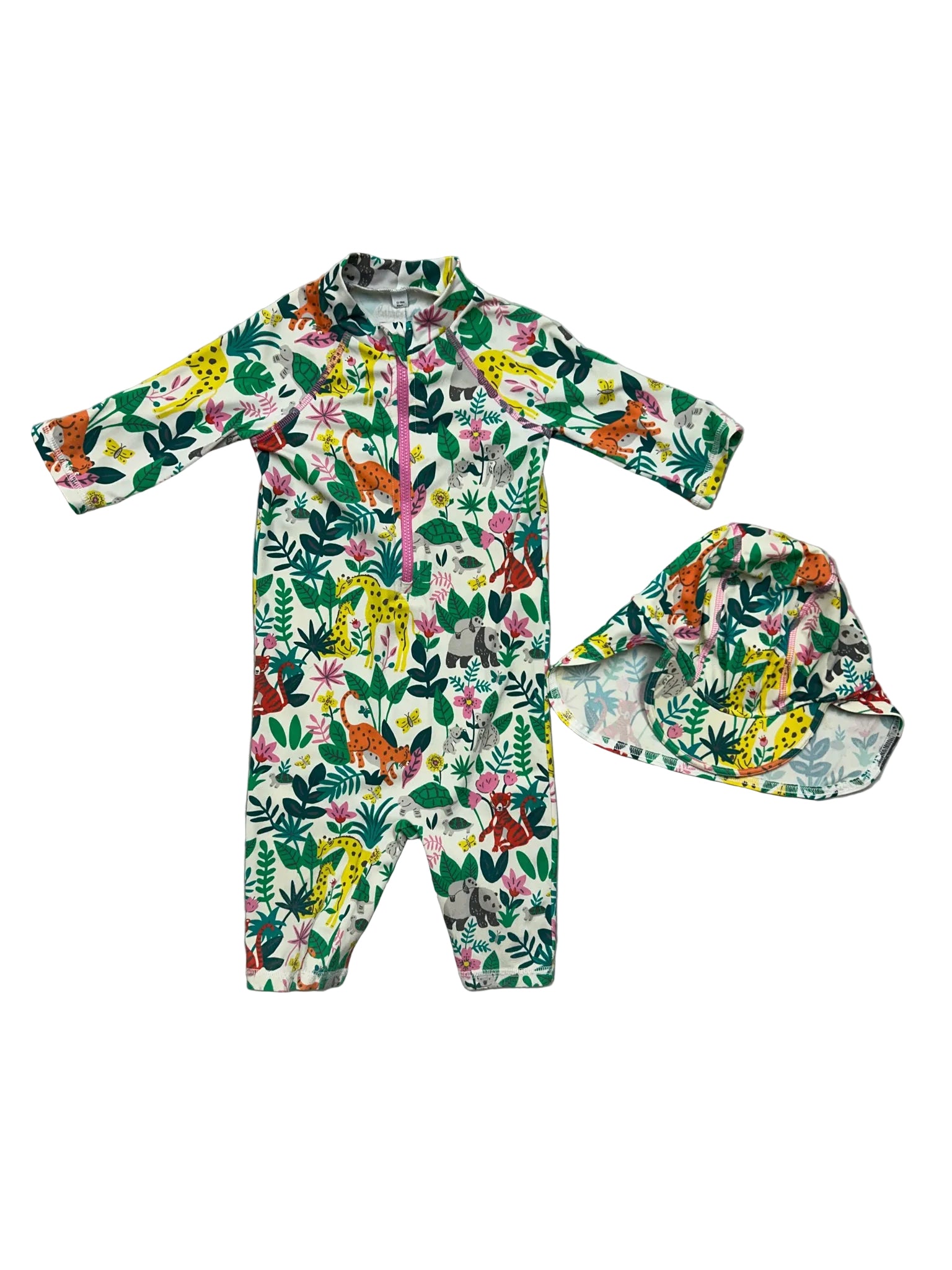 12-18 Months Boden One-Piece Long-Sleeve White Swimsuit + Hat with Animals