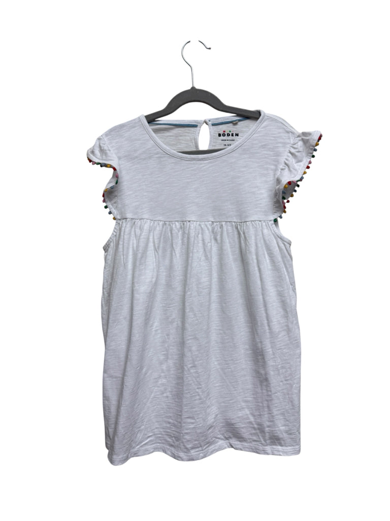 Size 14 Boden 100% Cotton White Short-Sleeve Dress with Poms on Sleeves