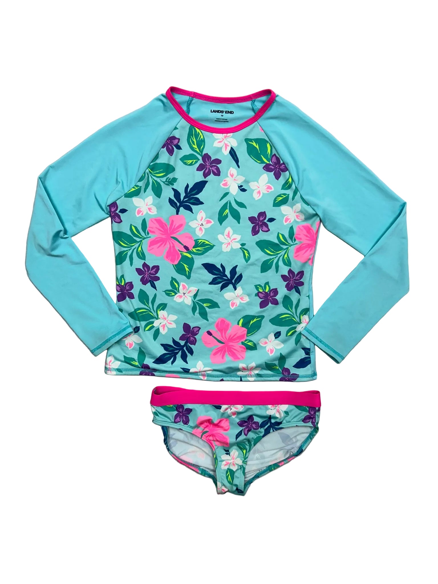 Size 10 Lands’ End Blue Floral Long-Sleeve Two-Piece Swimsuit