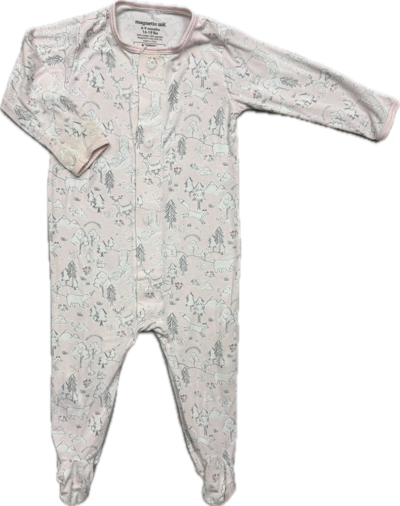 Size 6-9 Months Magnetic Me Pink One-Piece Pajamas with Forest Print
