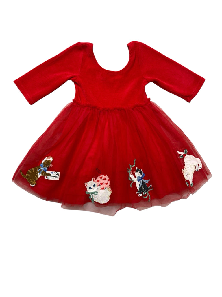 2T Boden Red Long-Sleeve Tulle Christmas Dress with Cats