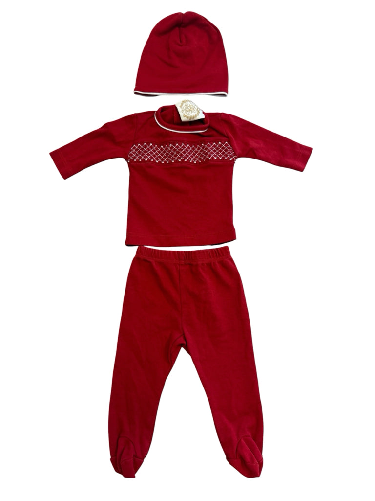 0-3 Months Beaufort Bonnet 100% Cotton Red Long-Sleeved Smocked Set with Hat