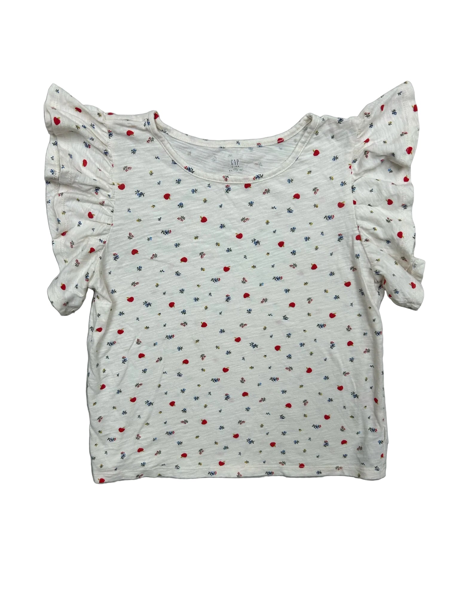 Size XXL (14-16) Gap White Flutter-Sleeve Shirt w/ Flowers & Apples