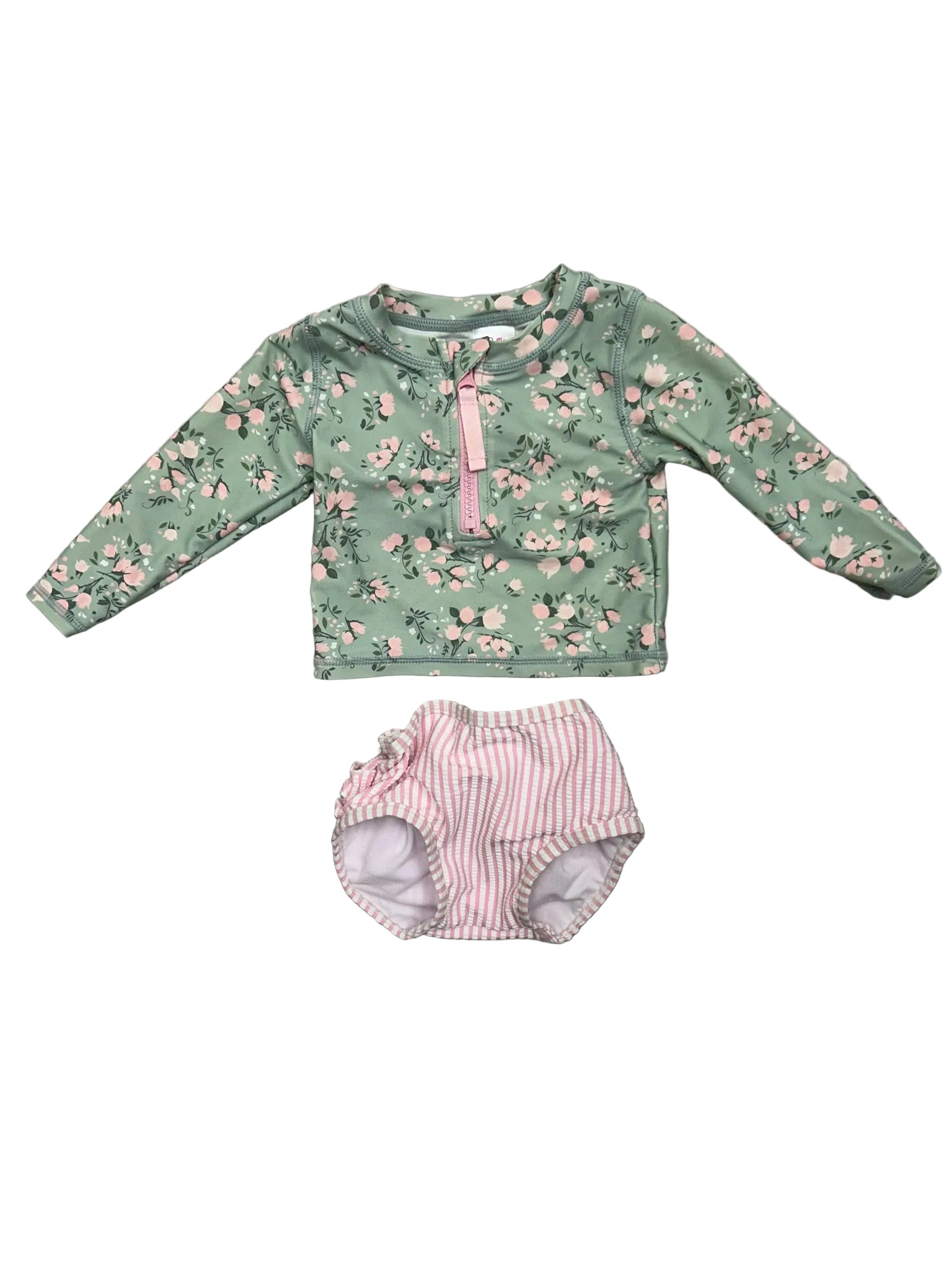 12-18 Months Ruffle Butts Green and Pink Floral Long-Sleeve Two-Piece Swimsuit