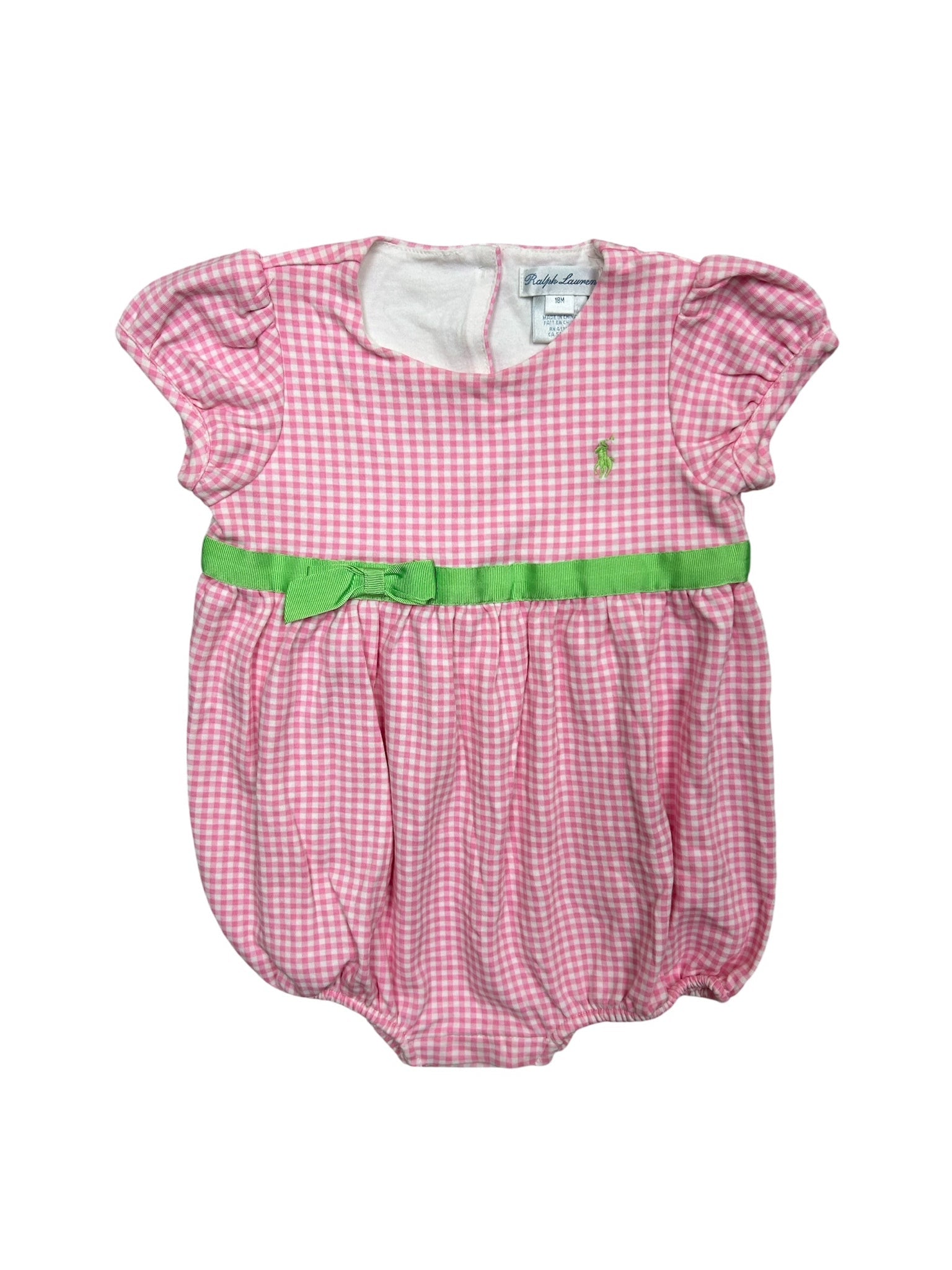 18-24 Months Ralph Lauren Pink Plaid Short-Sleeve Bubble Onesie with Green Bow