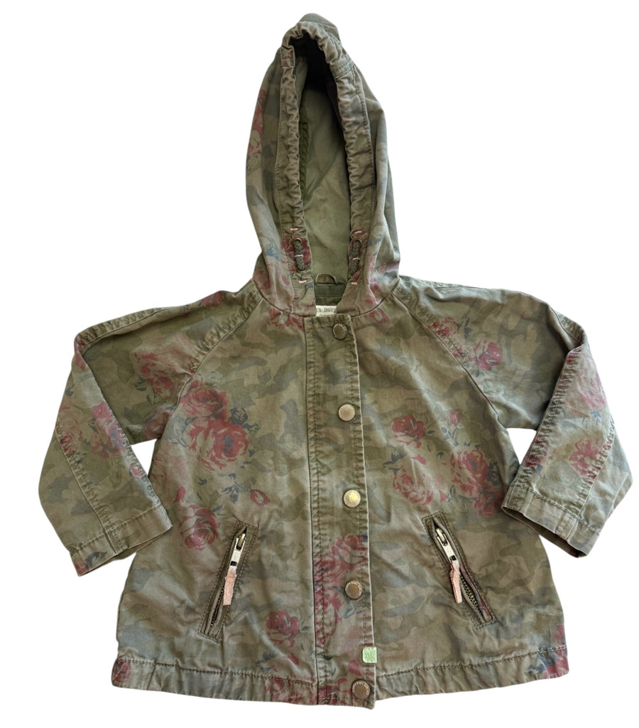 Zara Green Hooded Lightweight Jacket with Flowers 100% Cotton Size 12-18 Months