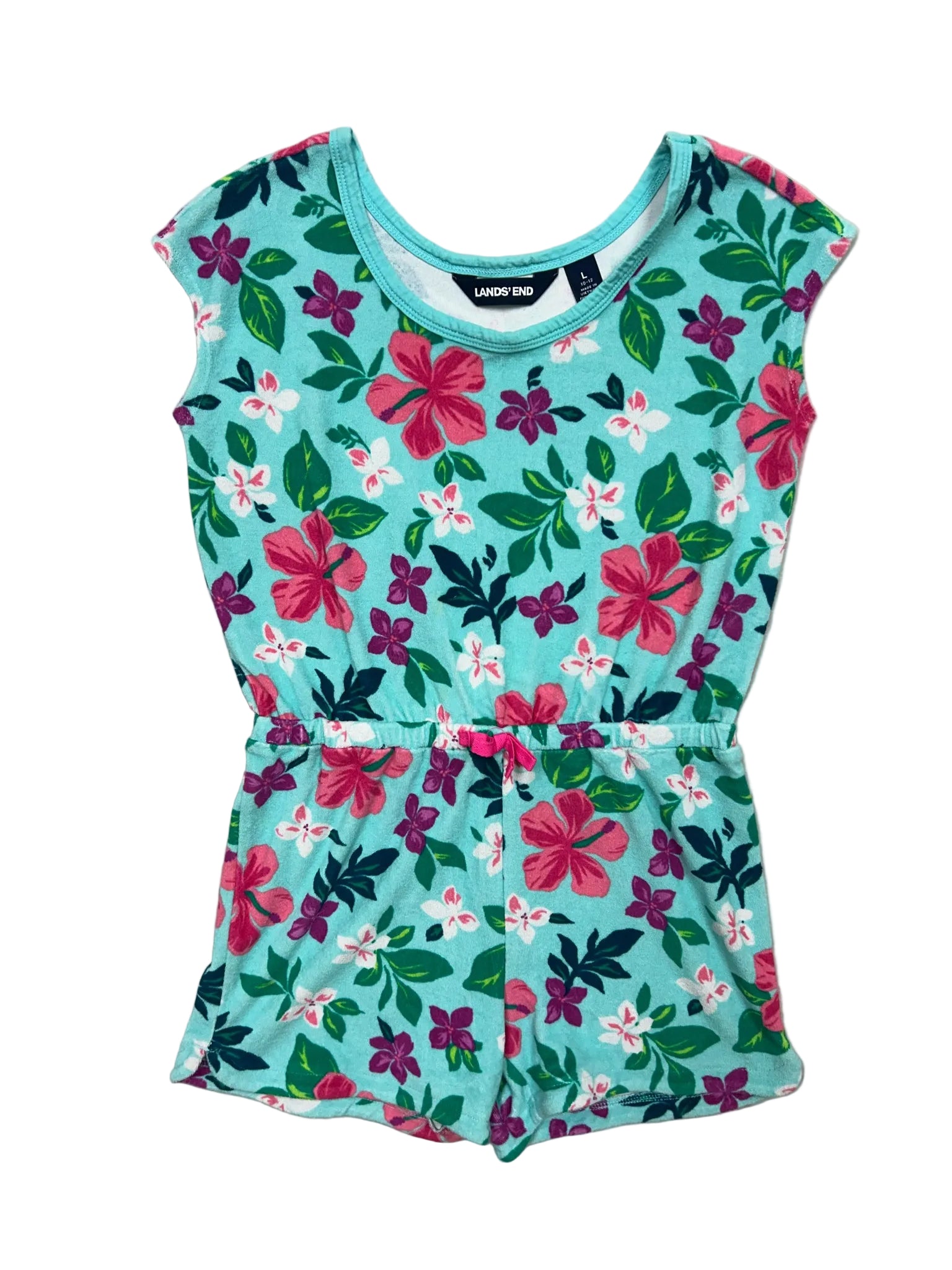 Size L (10-12) Lands’ End Light Blue Floral Terry Cloth Cover-up Romper