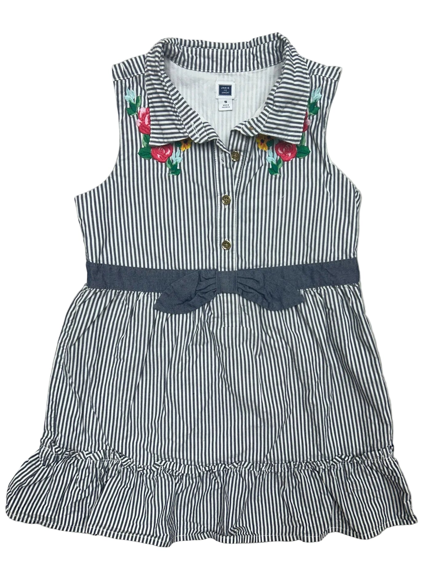 Size 5 Janie & Jack Blue Striped Sleeveless Dress with Embroidered Flowers & Bow