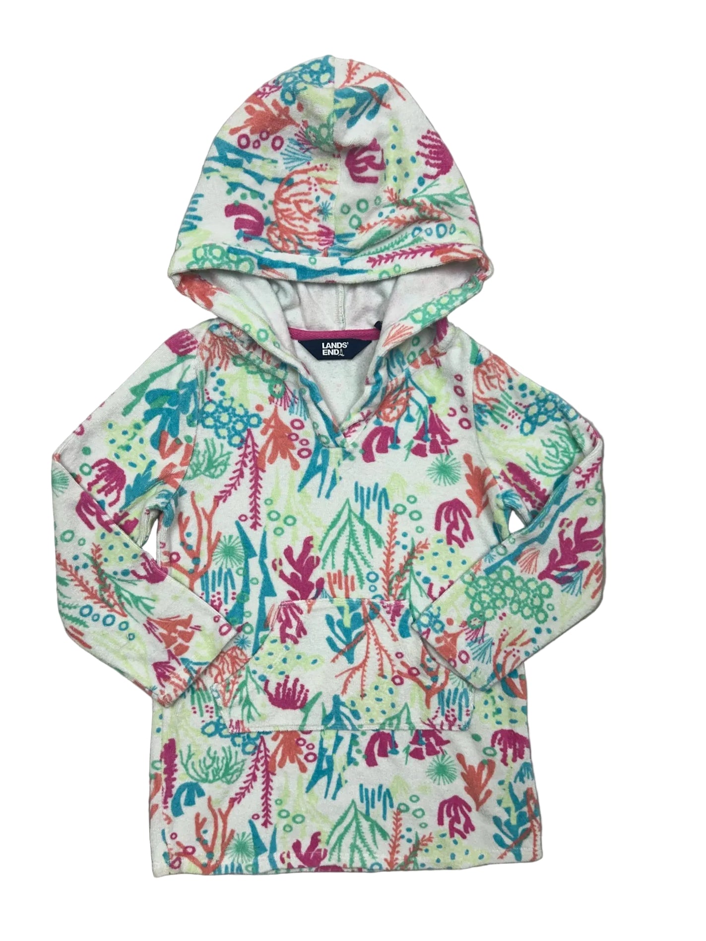 2-3T Lands’ End Coral Print Long-Sleeve Terrycloth Bathingsuit Cover-up