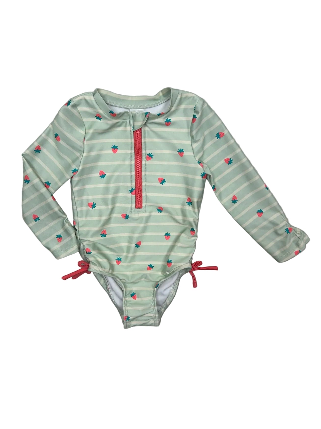 2T Cat & Jack Green Striped Long-Sleeve One-Piece Swimsuit w/ Strawberries