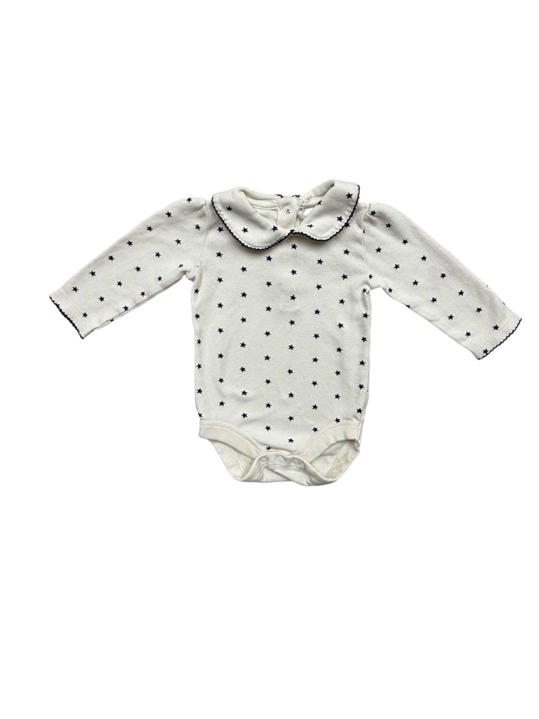 6-12 Months Boden 100% Cotton White Long-Sleeve Onesie with Purple Stars