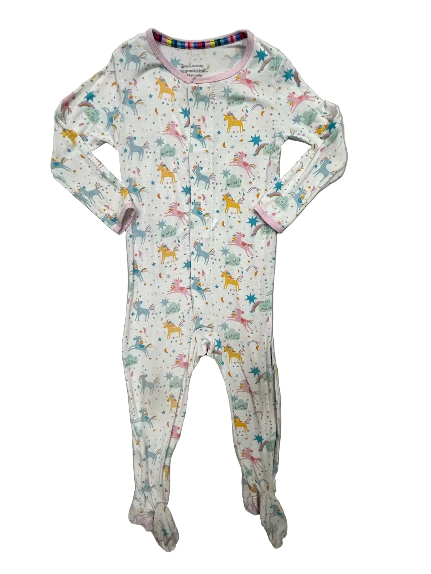 12-18 Months Magnetic Me One-Piece White PJs with Unicorns and Rainbows