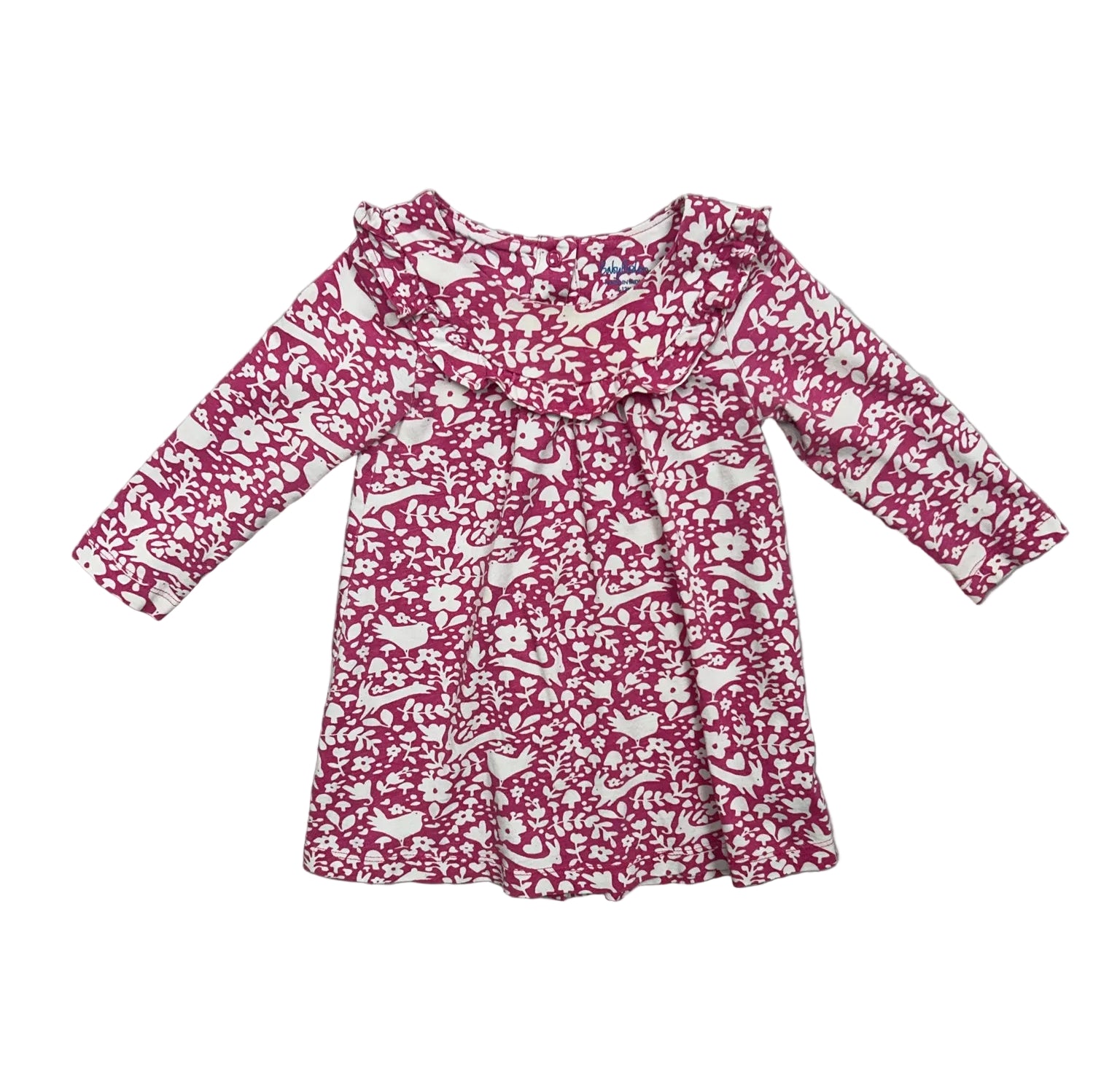 9-12 Months Boden Pink Long-Sleeve Dress with Flowers & Animals