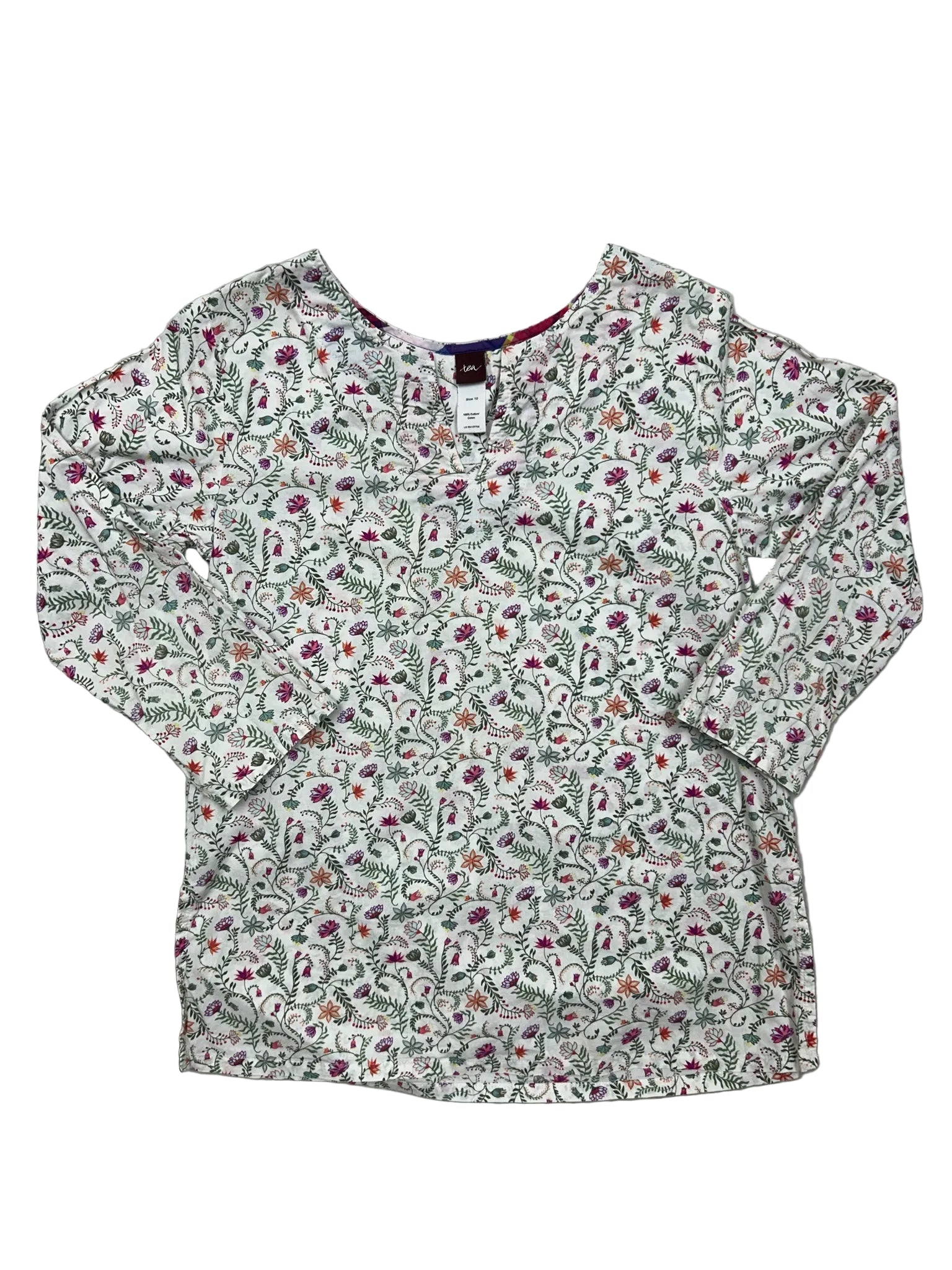 Size 10 Tea Collection White Long-Sleeve Shirt with Flowers