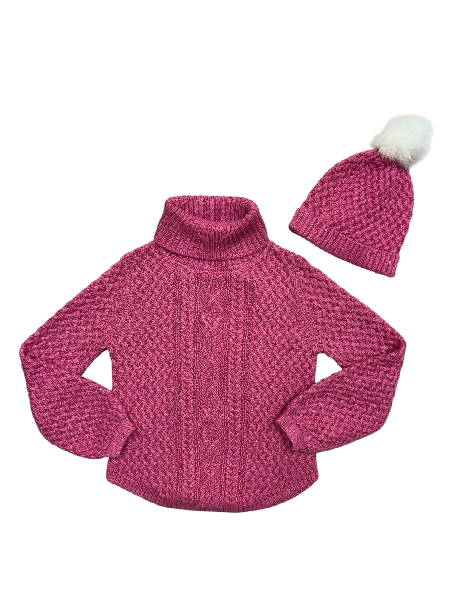 Size Large (10/12) Pink Sparkle Turtleneck Sweater with Matching Beanie