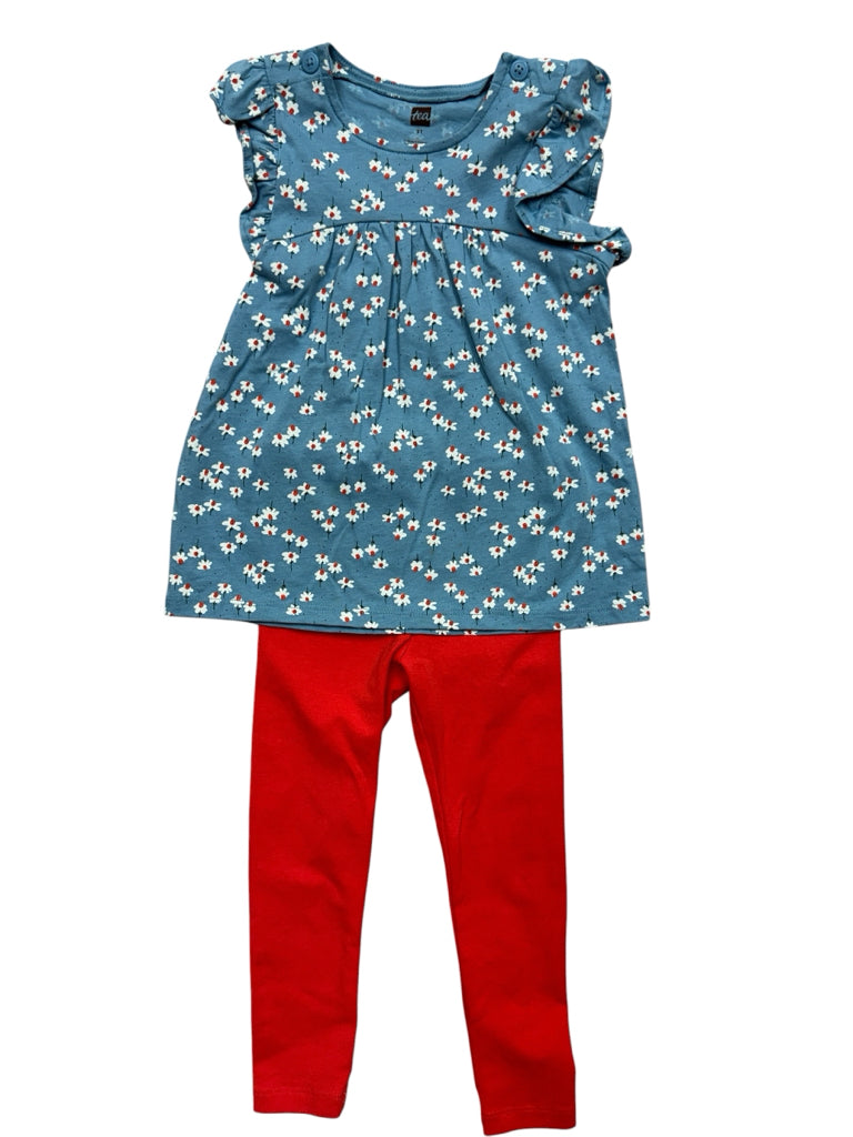 3T Tea Collection Blue Short-Sleeve Shirt with Flowers and Orange Pants