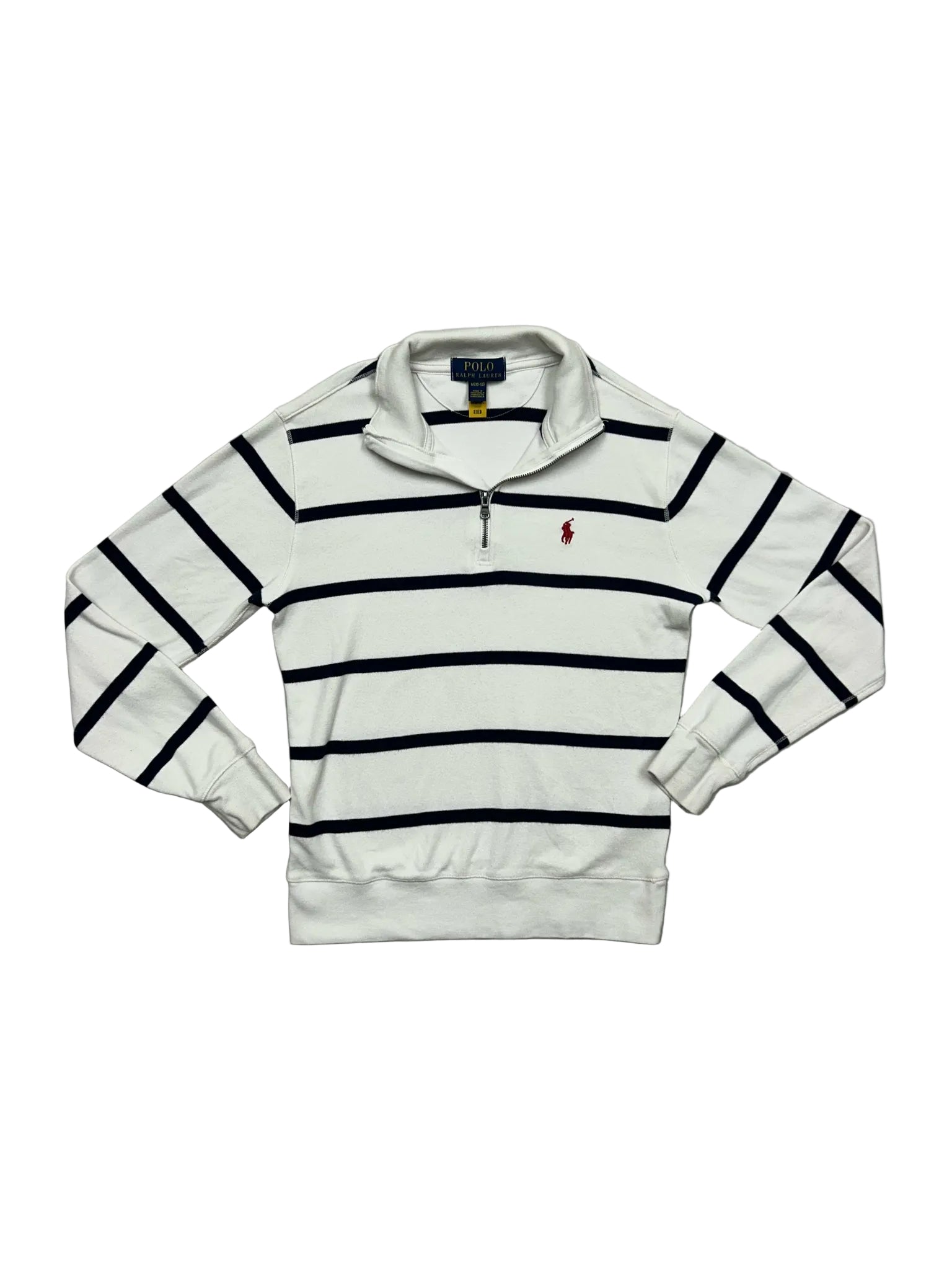 Size Medium (10-12) Polo White & Navy Striped Half-Zip Sweatshirt