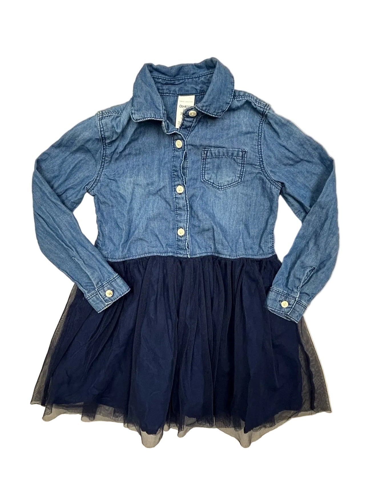 3T OshKosh Denim Long-Sleeve Dress with Tulle Skirt