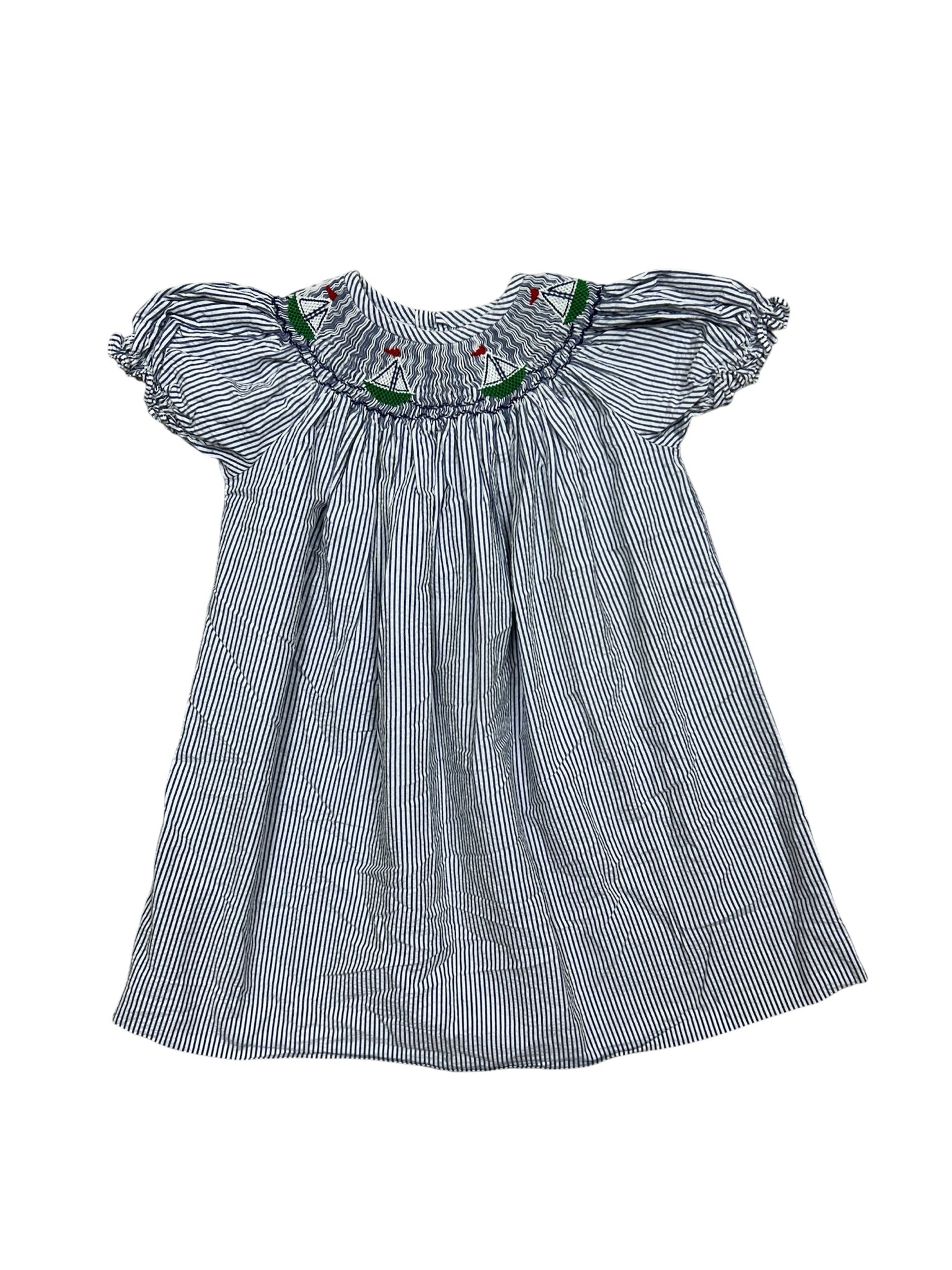 2T Silly Goose Smocked 100% Cotton Blue Striped Short-Sleeve Dress w/ Sailboats