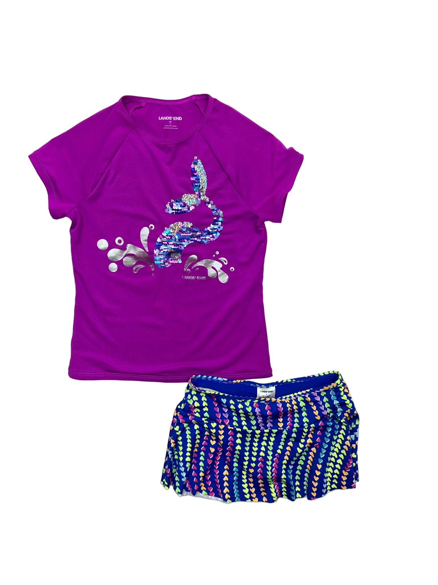 Size 8 Lands’ End Purple Short-Sleeve Two-Piece Swimsuit w/ Sequin Whale