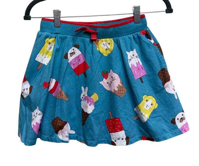 Size 11-12 Boden 100% Cotton Blue Skirt with Animals and Ice Cream