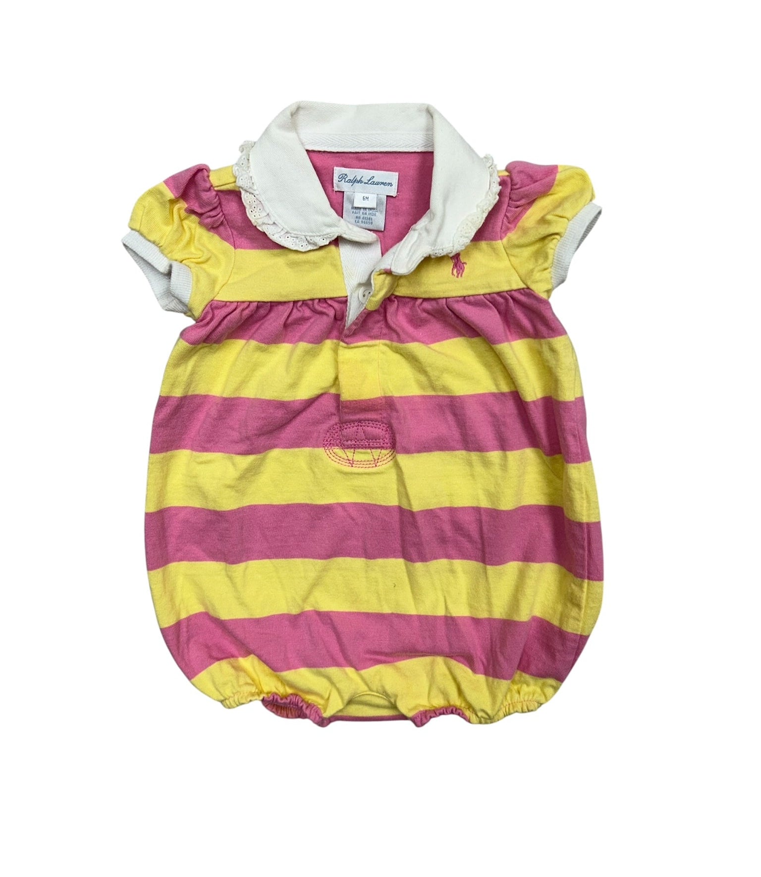 3-6 Months Ralph Lauren100% Cotton Pink and Yellow Stripe Short-Sleeve Shortall