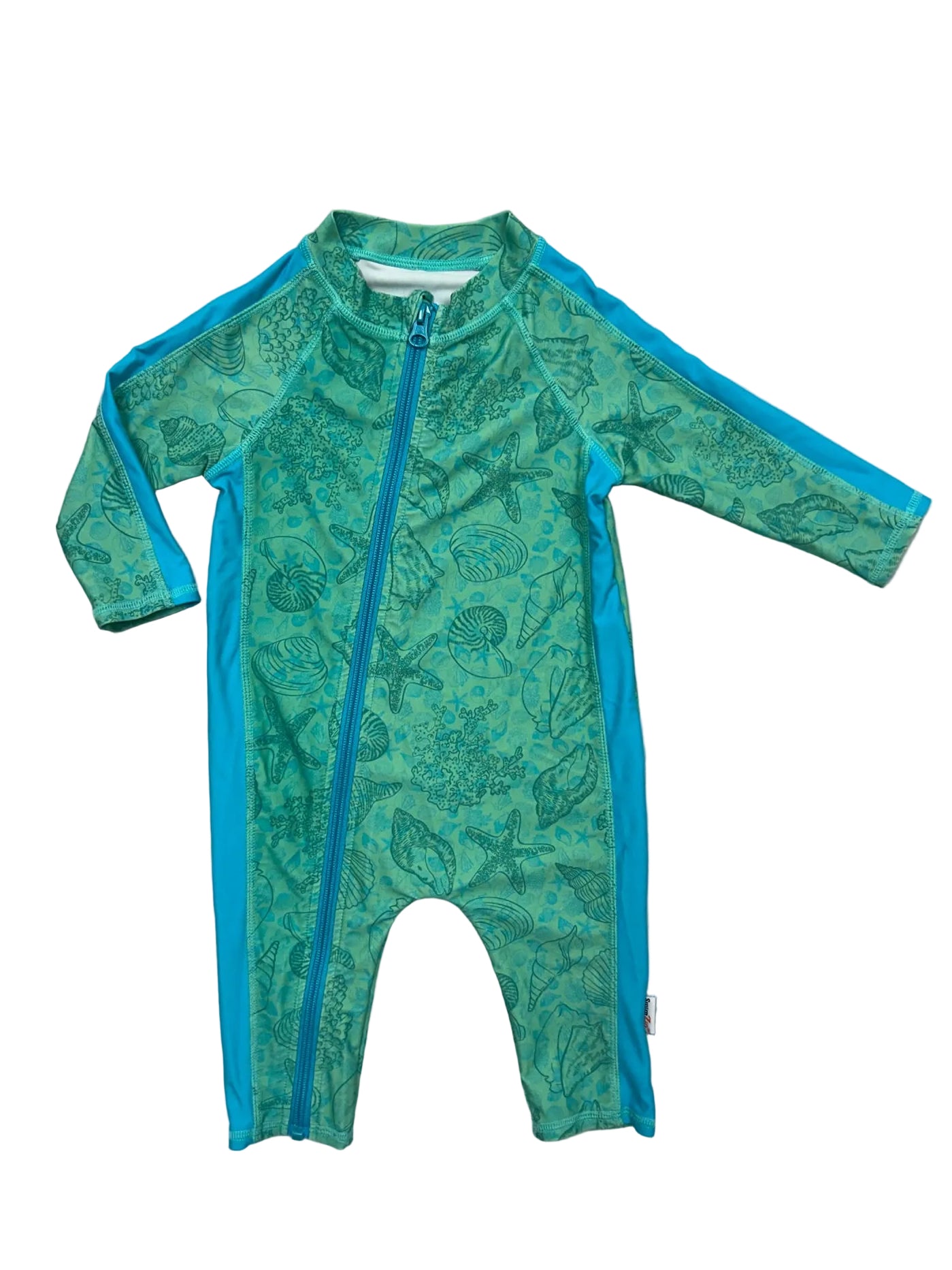 6-12 Months SwimZip Green One-Piece Long-Sleeve Swimsuit with Shells