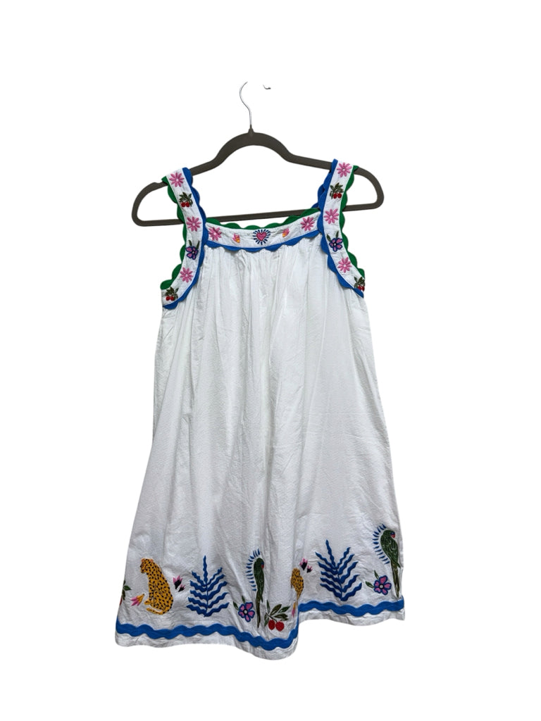 Size 13-14 Boden 100% Cotton White Dress with Embroidered Leopards and Parrots