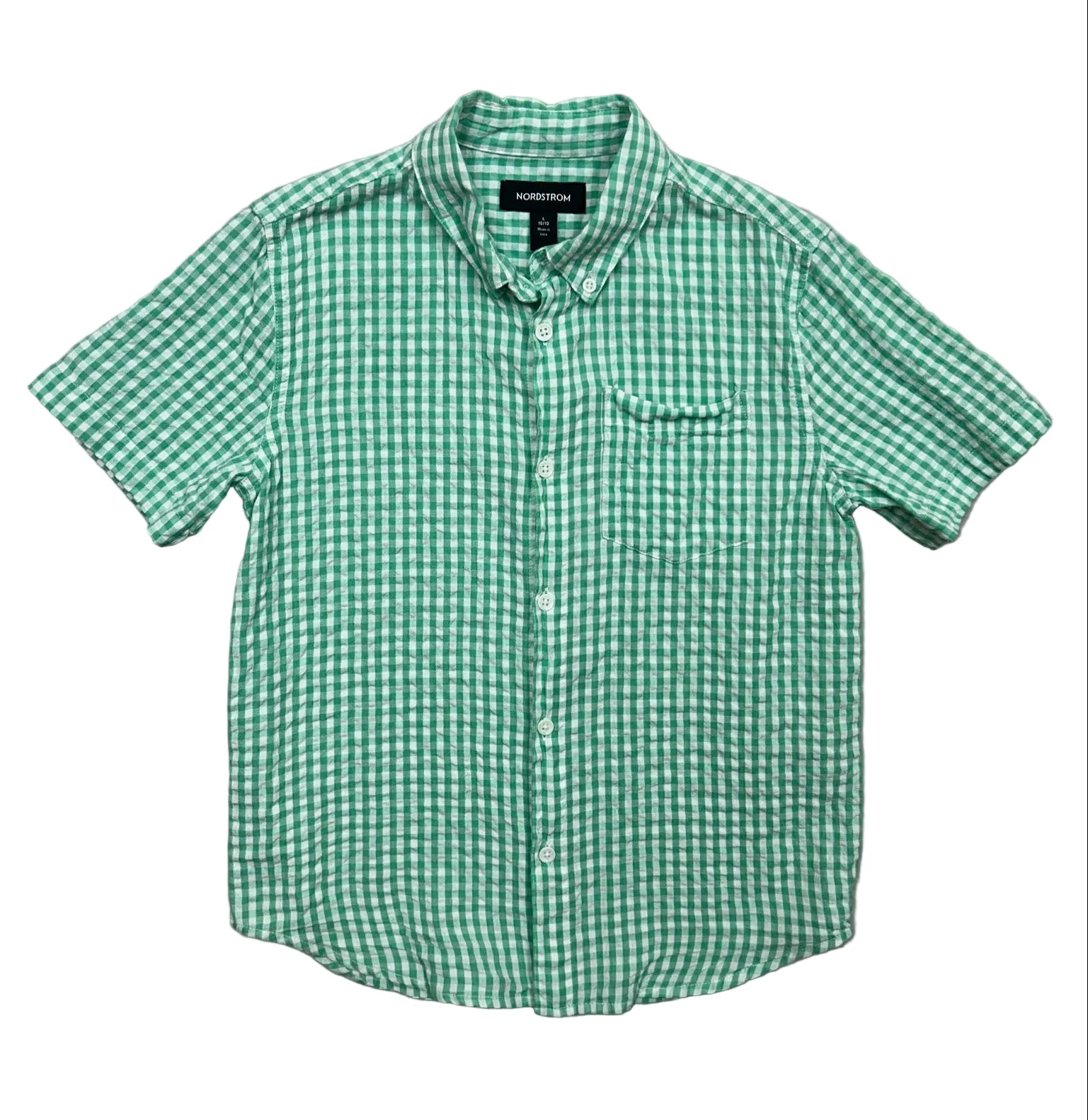 Size L (10/12) Nordstrom Green Seersucker Short-Sleeve Button-Down Shirt