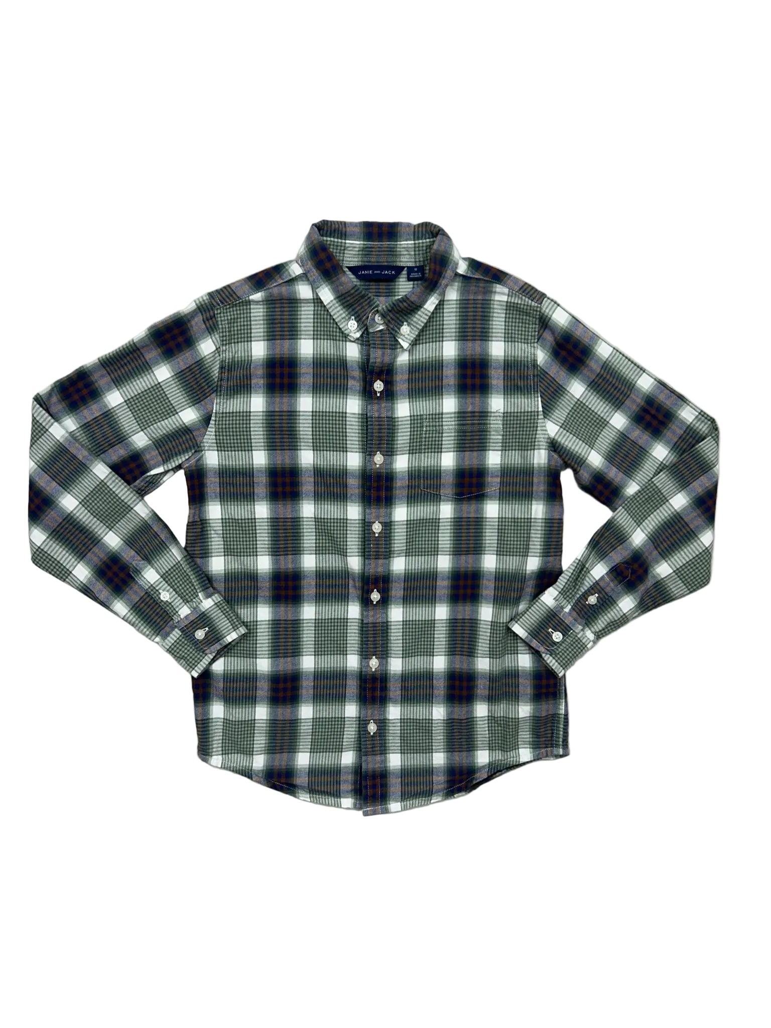 Size 10 Janie & Jack Green Plaid Brushed Twill Long-Sleeve Button-Up Shirt