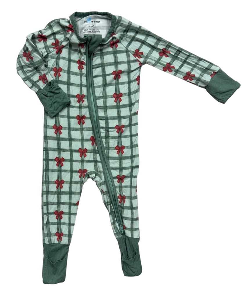 0-3 Months Little One Shop Green with Red Bow Convertible Footie Pajamas