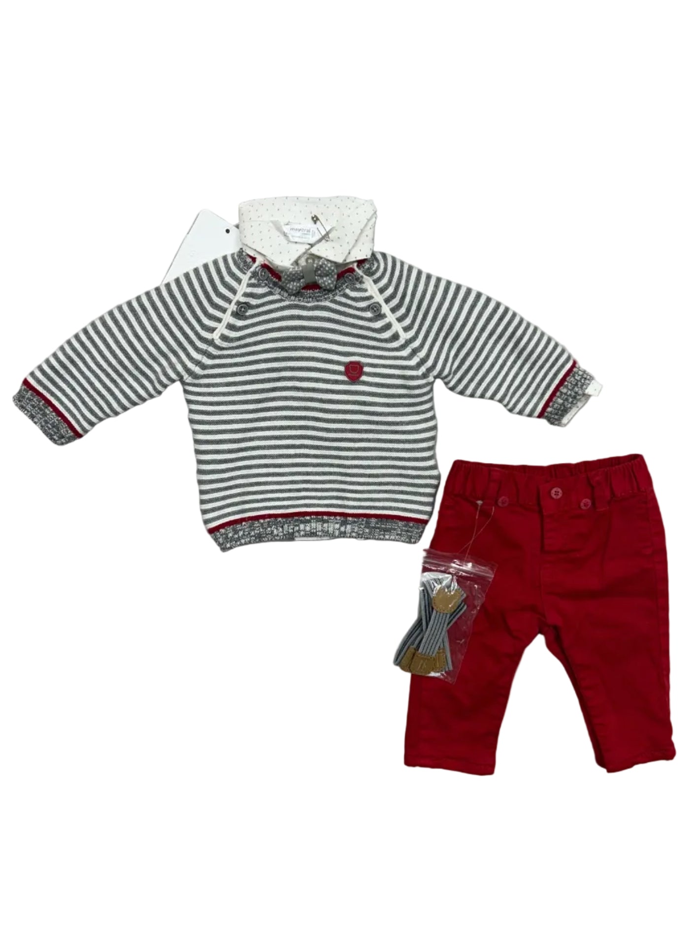 0-3 Months Mayoral NWT Bow Tie Shirt, Sweater and Pants Set w/ Suspenders