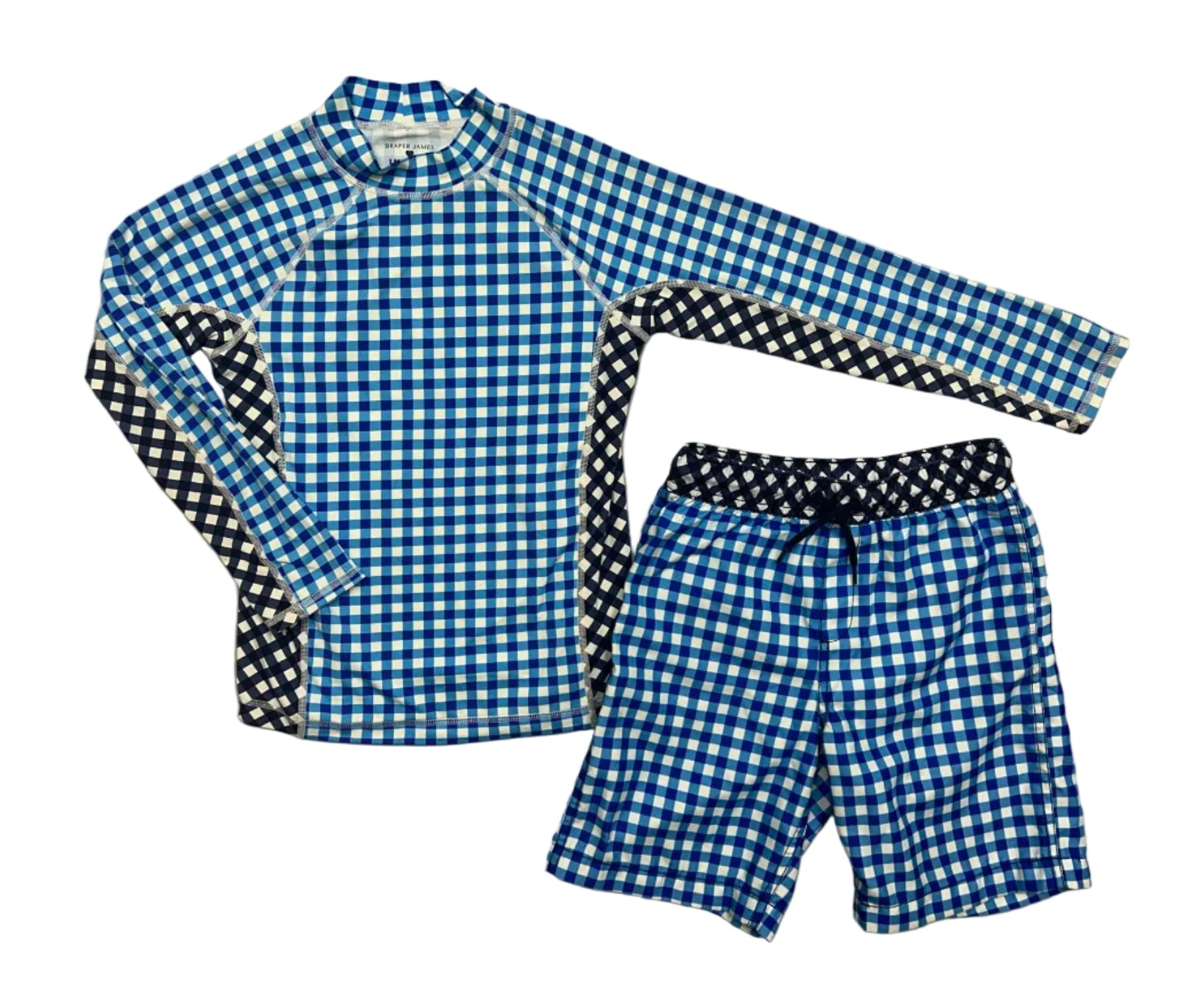 Size 8 Lands’ End Blue Plaid Long-Sleeve Swim Set