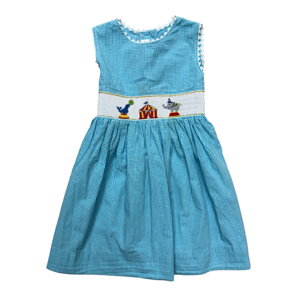 3T Anavini Blue Checkered Smocked Sleeveless Dress with Embroidered Circus