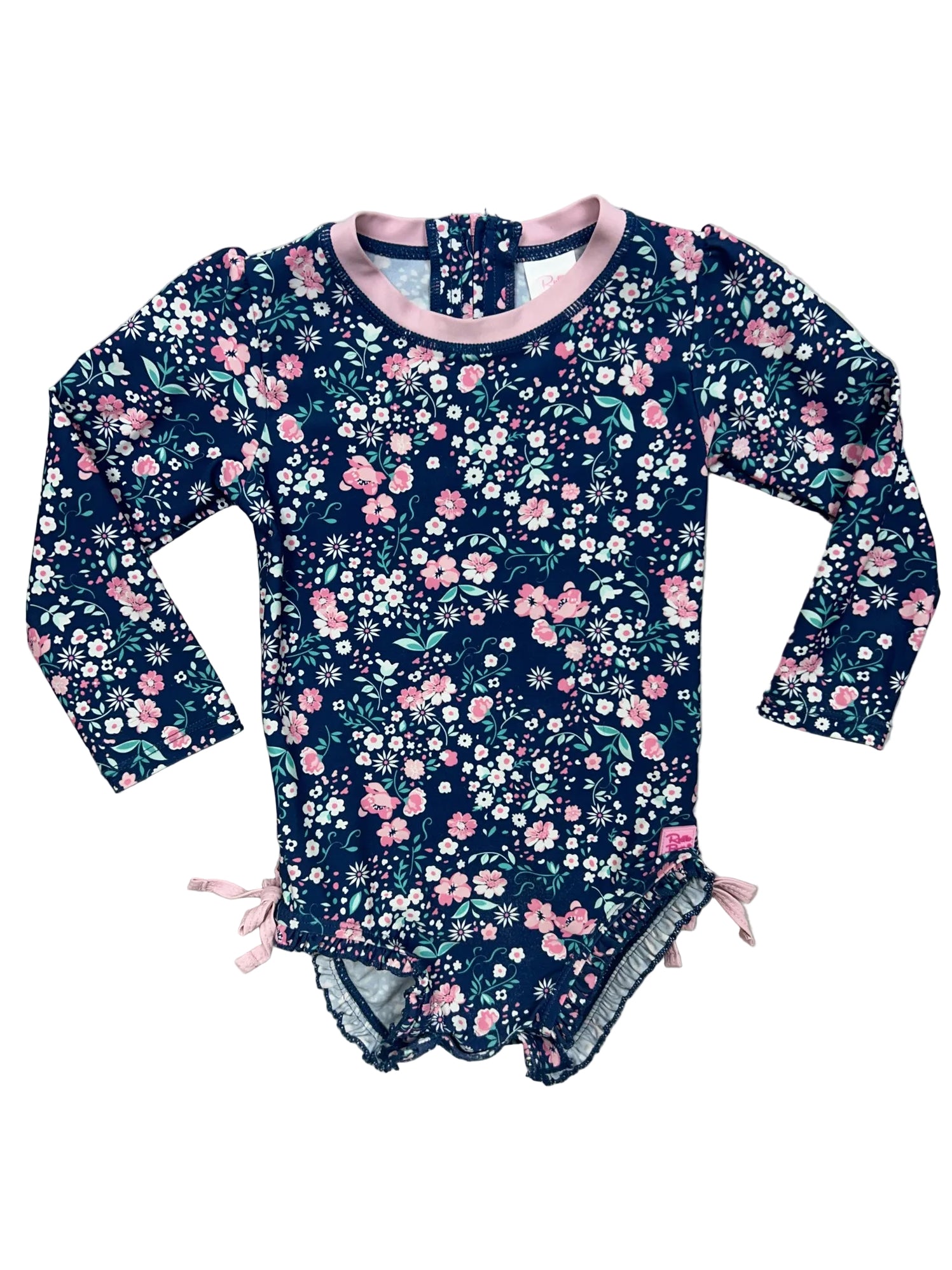 2T Ruffle Butts Blue One-Piece Long-Sleeve Swimsuit with Flowers