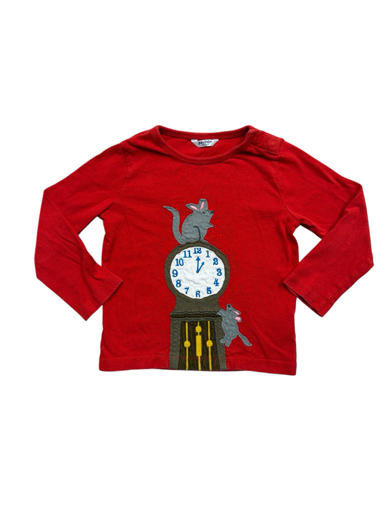 Size 2-3 Boden 100% Cotton Red Shirt with Mice and Clock Applique