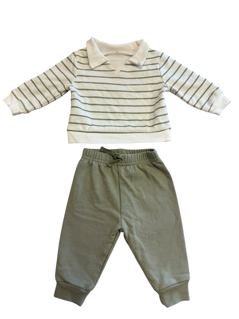 Size 0-3 Months Chickpea Green Long-Sleeve Striped Shirt and Pants Set