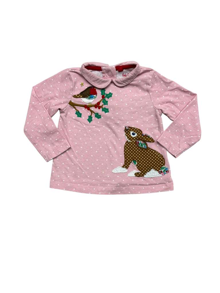 9-12 Months Boden Pink Long-Sleeve Shirt with Applique Bunny and Bird