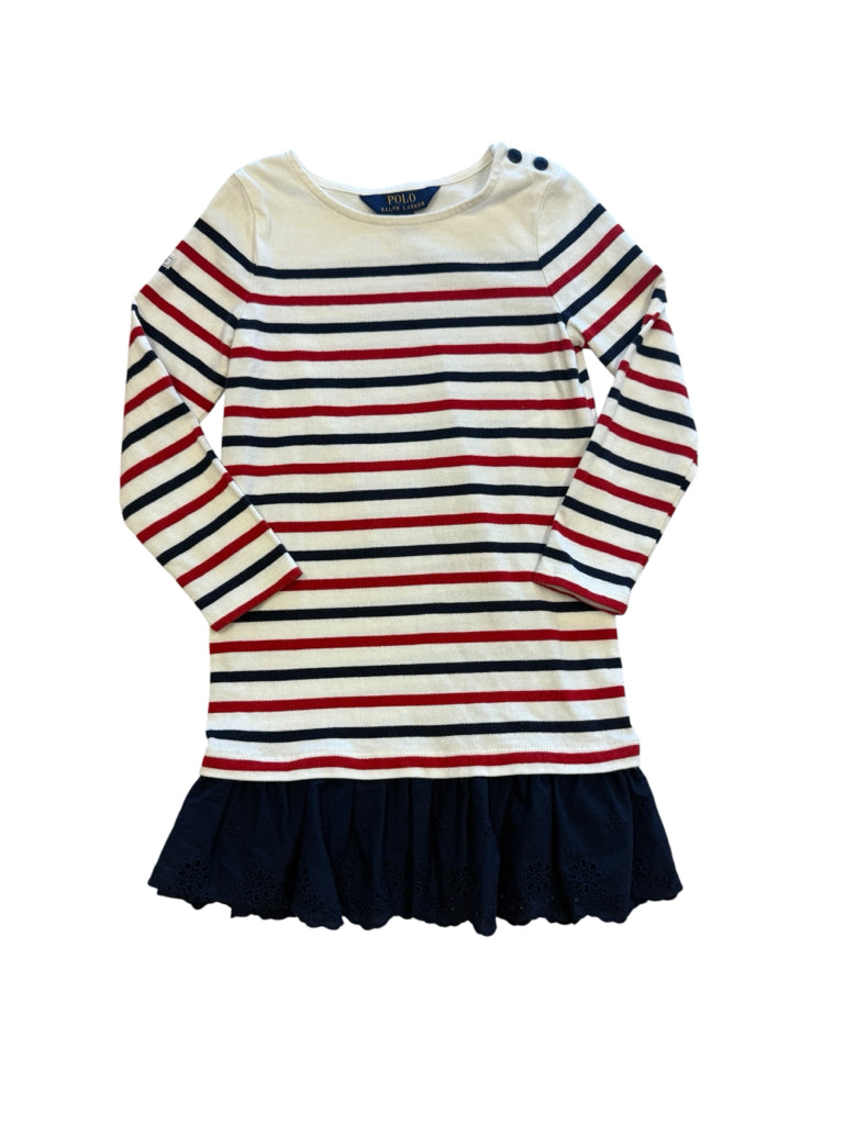 Ralph Lauren 100% Cotton White with Red and Blue Stripe Size 5 Long-Sleeve Dress
