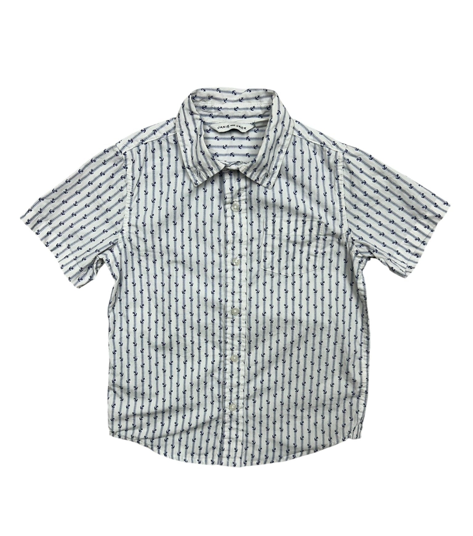 5T Janie & Jack White Button Down Short-Sleeve Poplin Shirt w/ Anchors